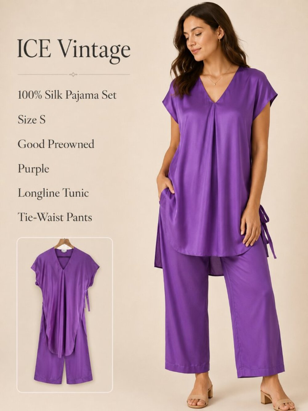 ICE Vintage 100% Silk‎ Purple V-Neck Longline Tunic Tie Waist Pants Pajama Set S